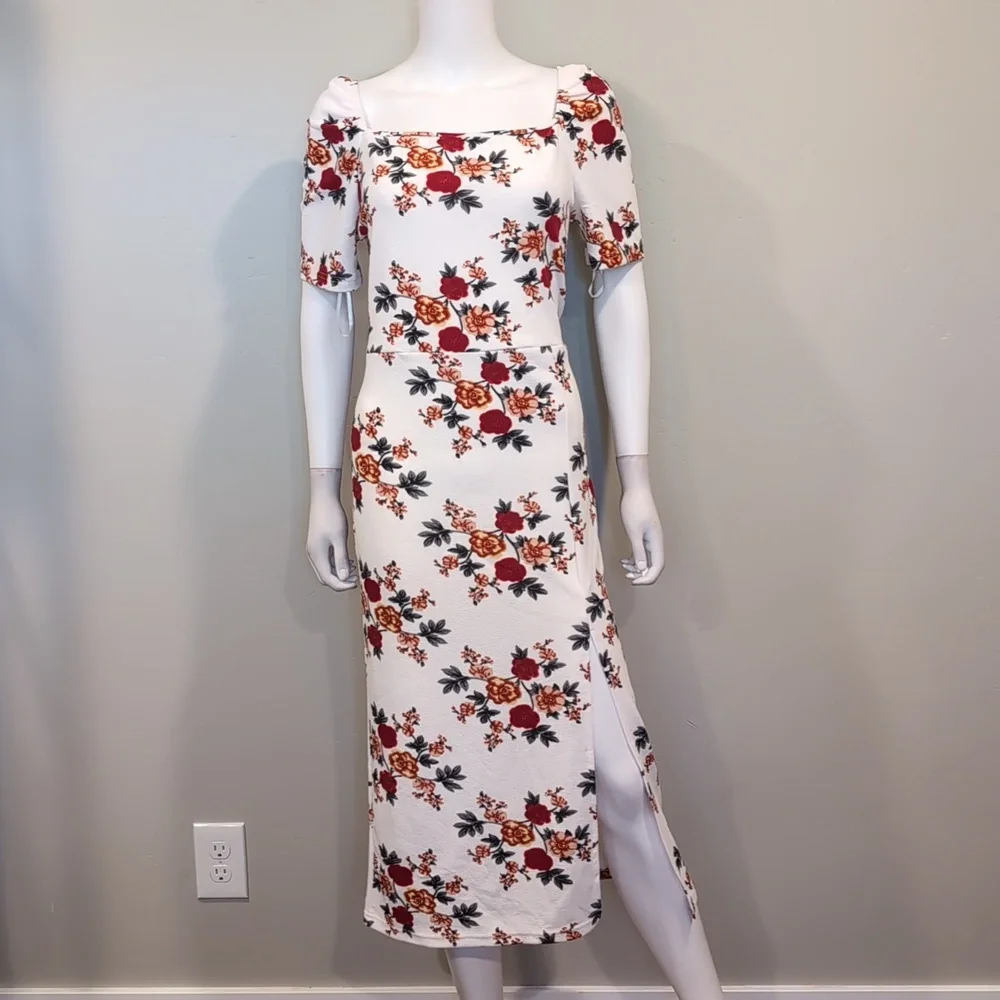 SHEIN White And Red Floral Square Neck Short Sleeve Slit Front Midi Dress XXL